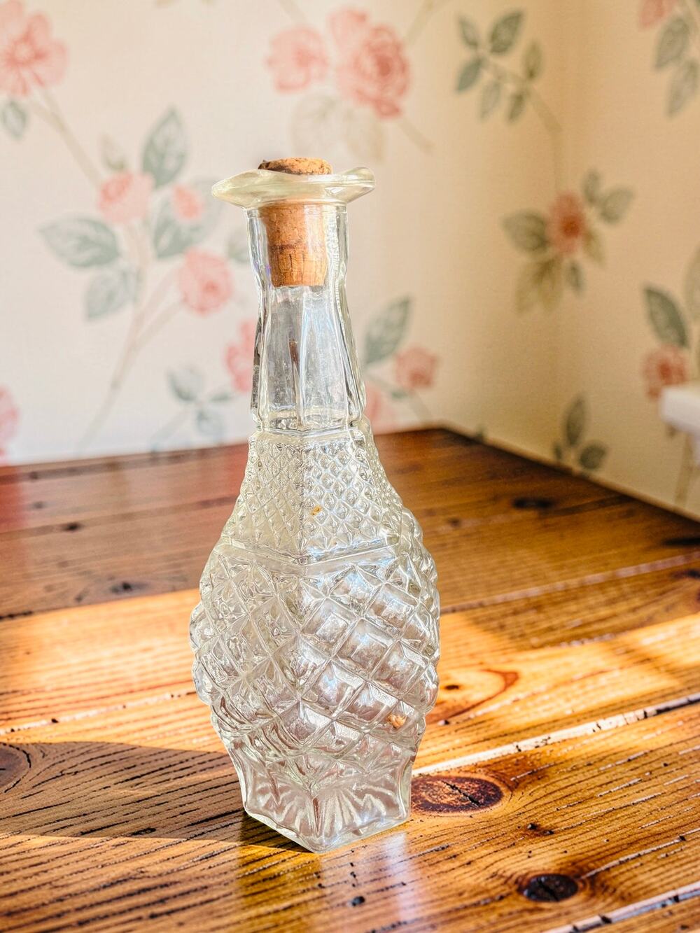 Vintage Pressed Glass Decanter Bottle Diamond Pattern Cork Stopper 12” Antique